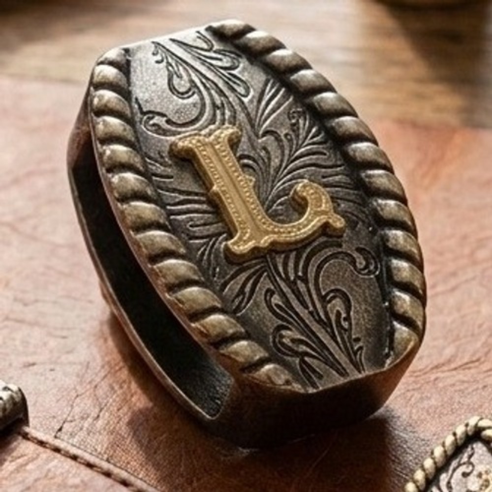 Western Initial L Belt Slide Keeper Two Tone Floral Scroll Rope Edge Oval